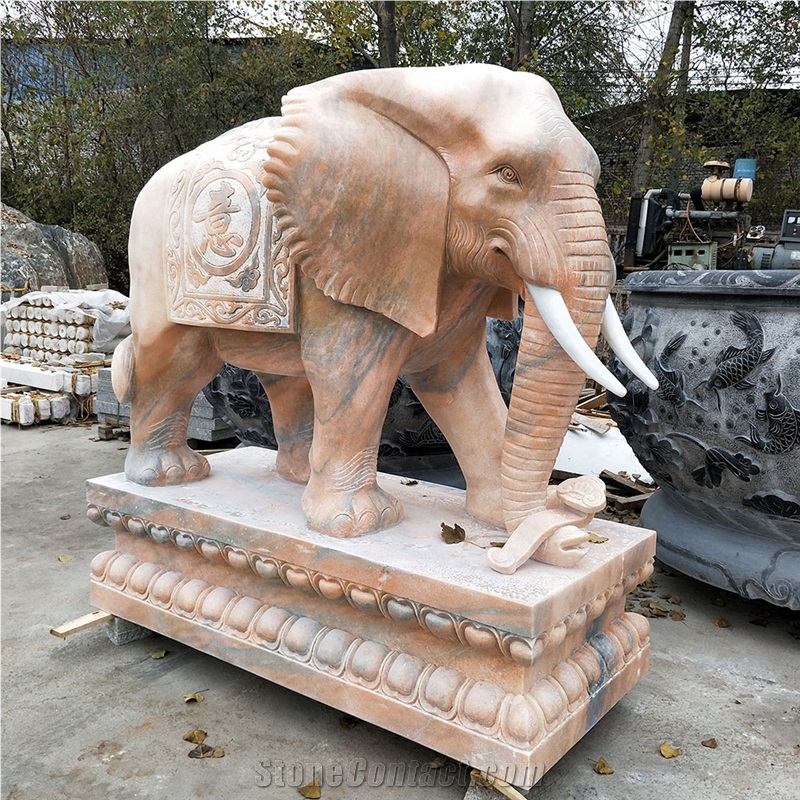 Hand Carved Orange Marble Abstract Elephant Statue