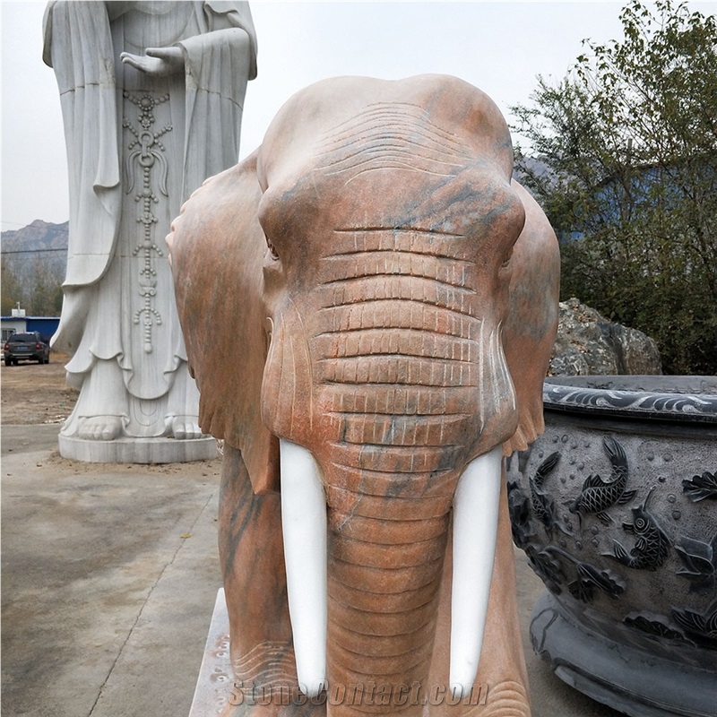 Hand Carved Orange Marble Abstract Elephant Statue