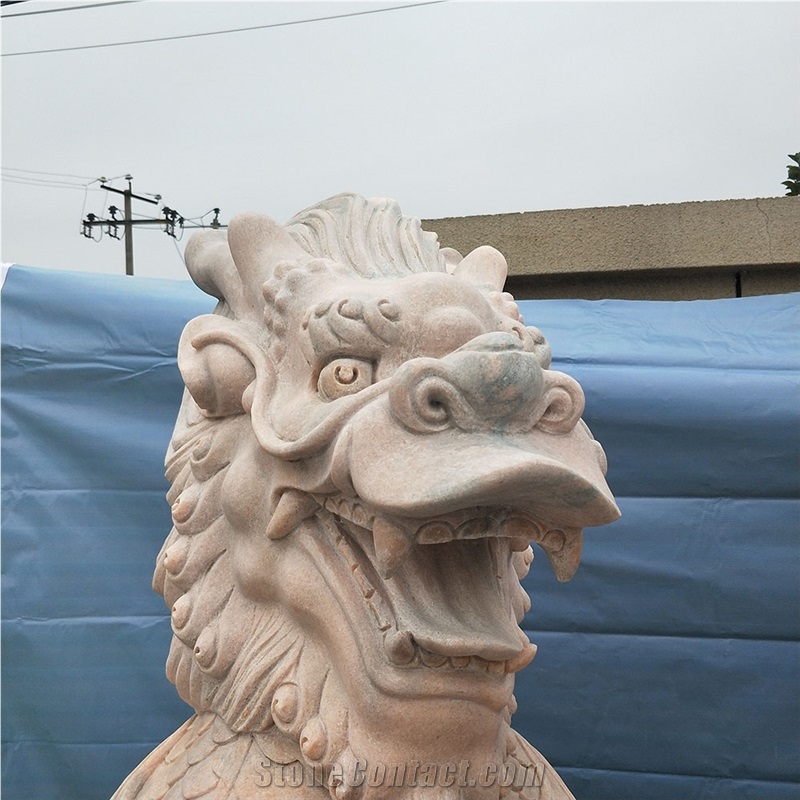 Pink Marble Lion Sculptures, Hand Carved Statues