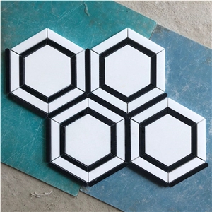 Hexago Nero Marquina, Greek Thassos Marble Mosaic