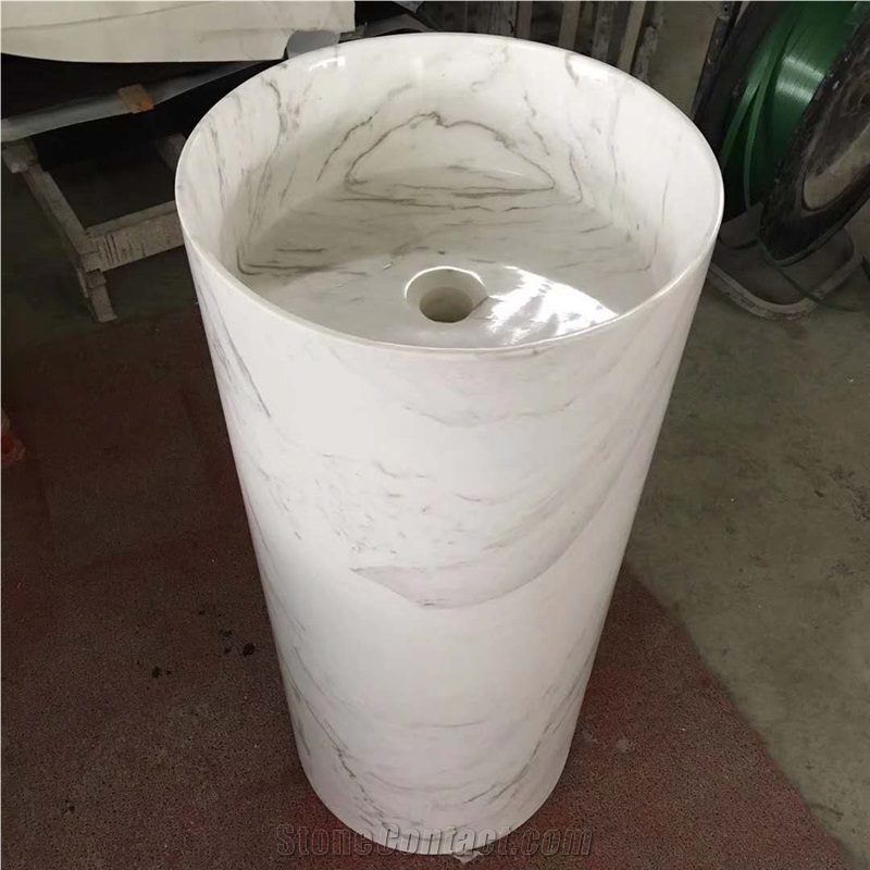 Volakas White Marble Round Basins Including Pillar