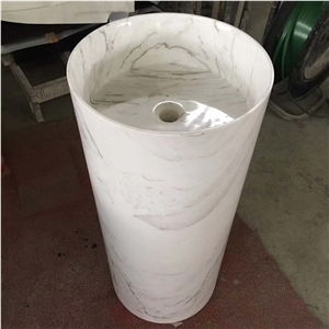 Volakas White Marble Round Basins Including Pillar