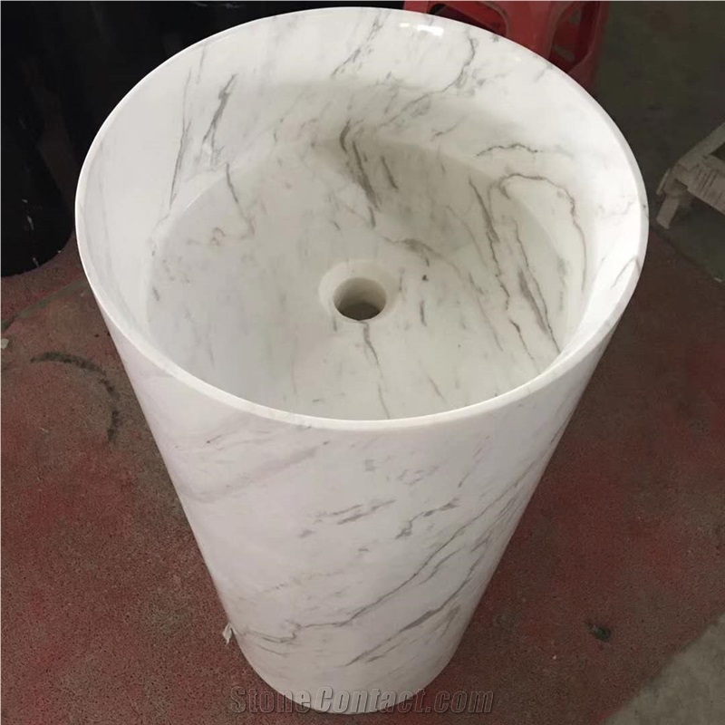 Volakas White Marble Round Basins Including Pillar