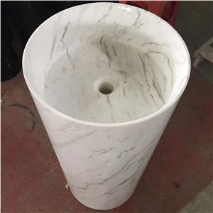 Volakas White Marble Round Basins Including Pillar