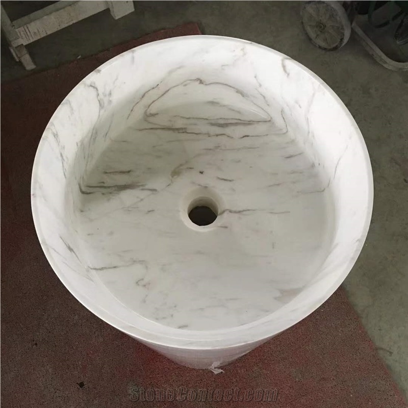 Volakas White Marble Round Basins Including Pillar