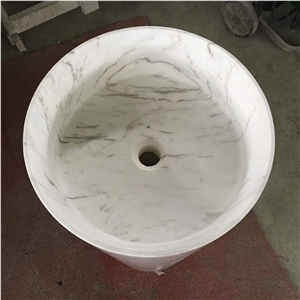Volakas White Marble Round Basins Including Pillar