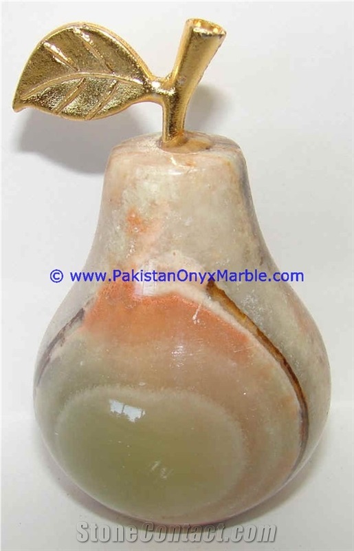 Green White Multi Onyx Pears with Brass Stem Leaf