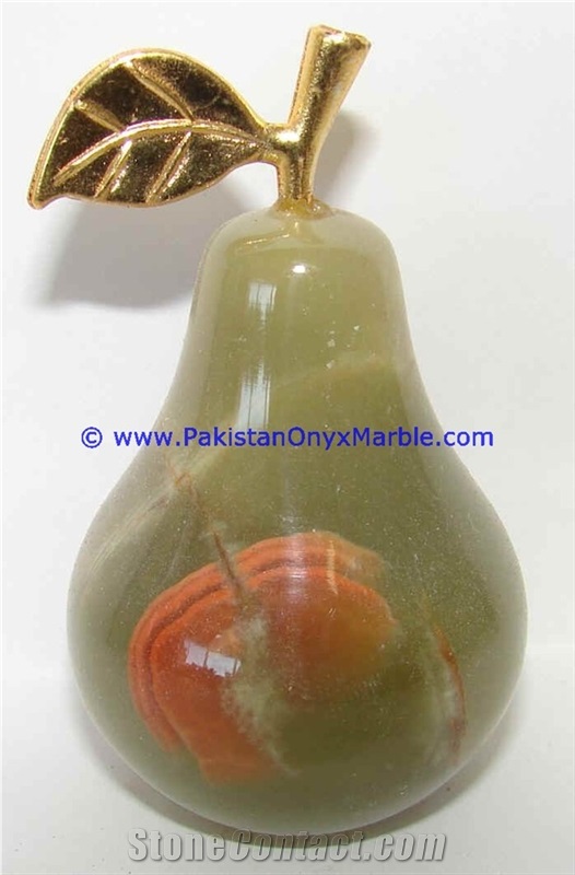 Green White Multi Onyx Pears with Brass Stem Leaf