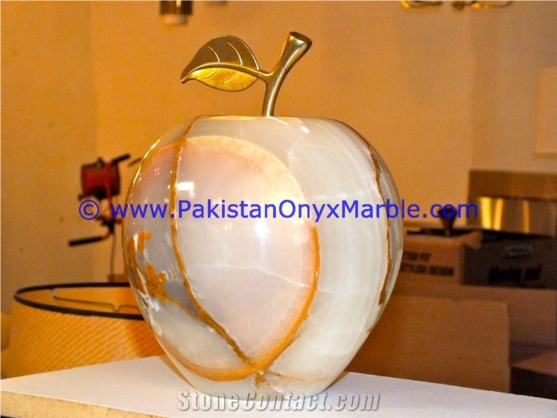 White Onyx Apples with Brass Stem Leaf