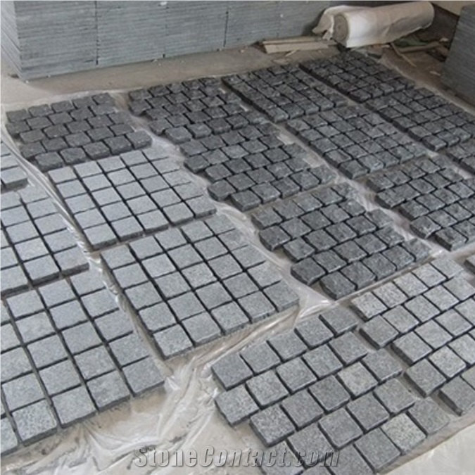 G684 Black Granite Cobblestone on Mesh