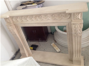 Beige Marble Fireplace Mantel Handcarved Column ,Customized Fireplace Hearth