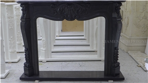 Black Marble Fireplace Mantel,Fireplace Hearth Handcarving Flower Design