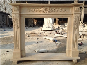 Crema Diva Marble Beige Handcarved Flower Sculptured Fireplace Mantel,Fireplace Hearth