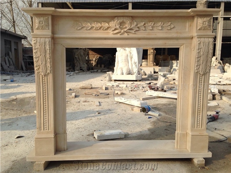 Crema Diva Marble Beige Handcarved Flower Sculptured Fireplace Mantel,Fireplace Hearth