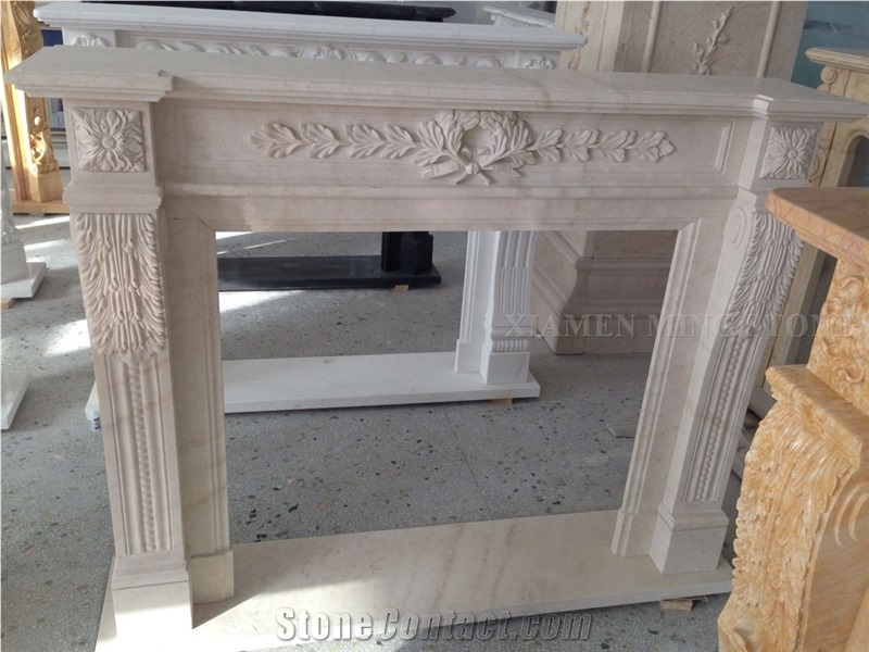 Crema Diva Marble Beige Handcarved Flower Sculptured Fireplace Mantel,Fireplace Hearth