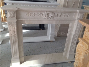 Crema Diva Marble Beige Handcarved Flower Sculptured Fireplace Mantel,Fireplace Hearth