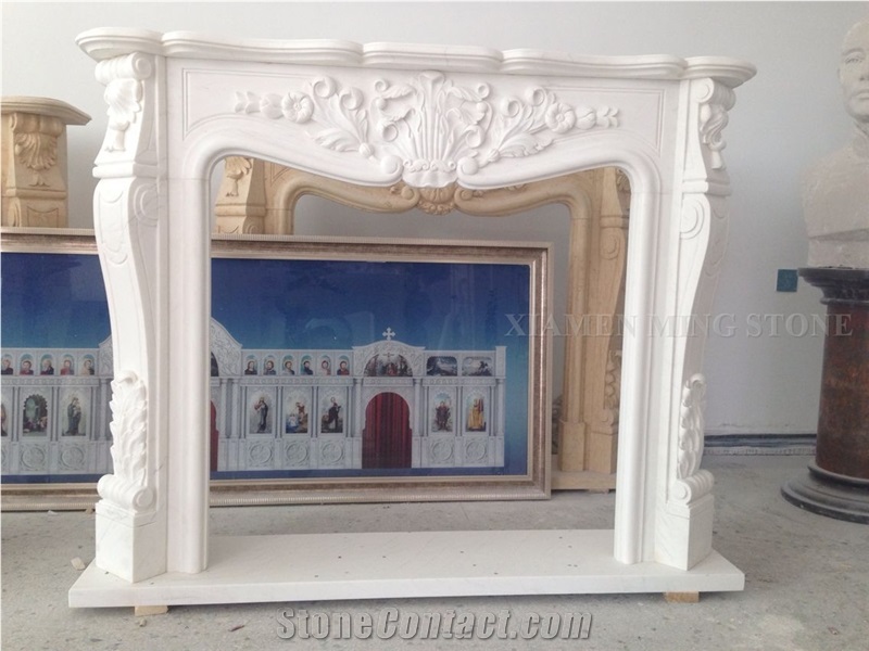 Fireplace Mantel Order Show Snow White Marble Sculptured Flower