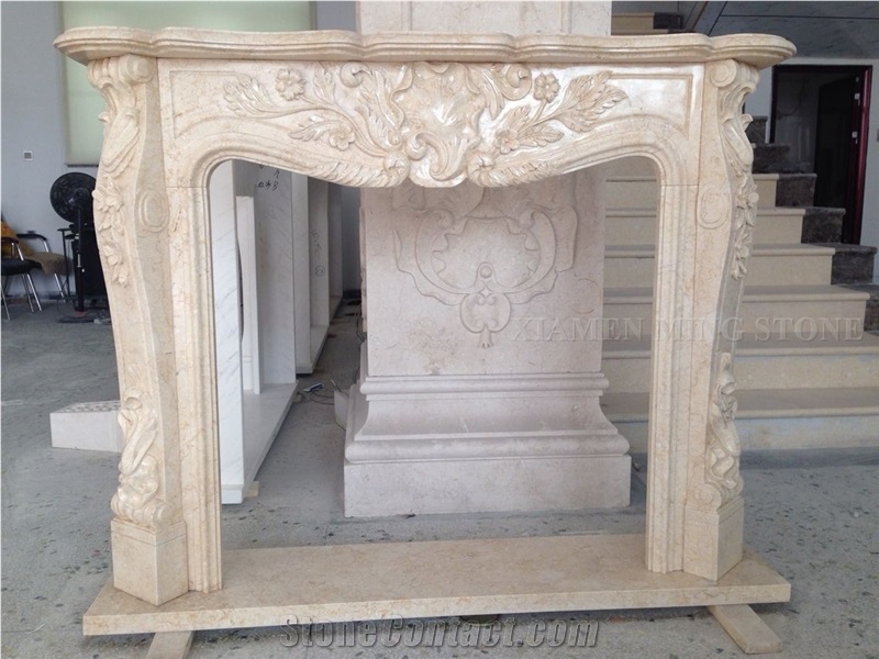 Sunny Beige Marble Handcarved Flower Sculptured Fireplace Mantel,Fireplace