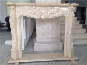 Sunny Beige Marble Handcarved Flower Sculptured Fireplace Mantel,Fireplace