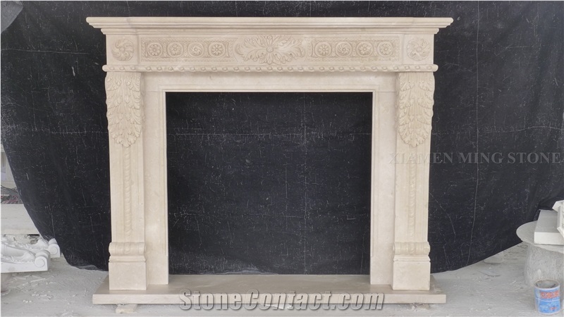 Sunny Beige Marble Handcarved Flower Sculptured Fireplace Mantel,Fireplace