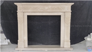 Sunny Beige Marble Handcarved Flower Sculptured Fireplace Mantel,Fireplace