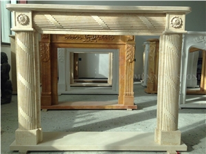 Sunny Beige Marble Handcarved Flower Sculptured Fireplace Mantel,Fireplace