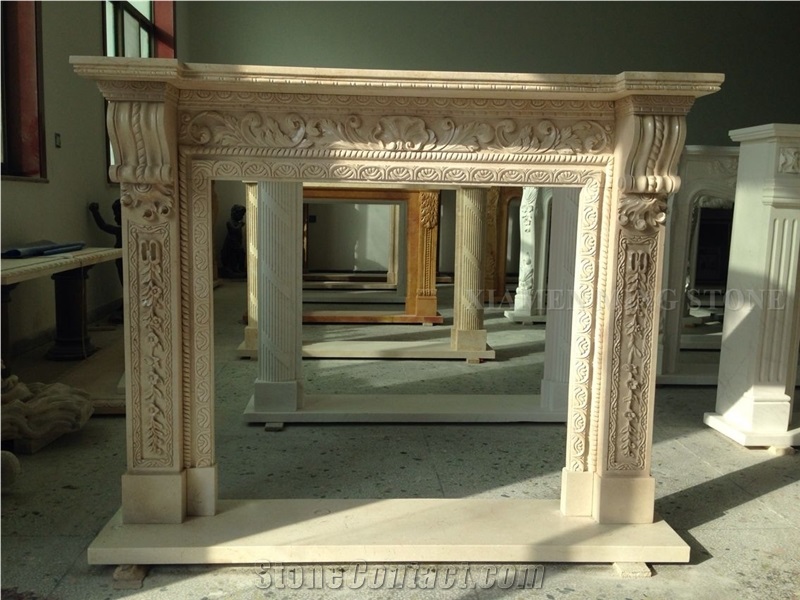 Sunny Beige Marble Handcarved Flower Sculptured Fireplace Mantel,Fireplace