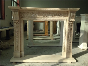 Sunny Beige Marble Handcarved Flower Sculptured Fireplace Mantel,Fireplace