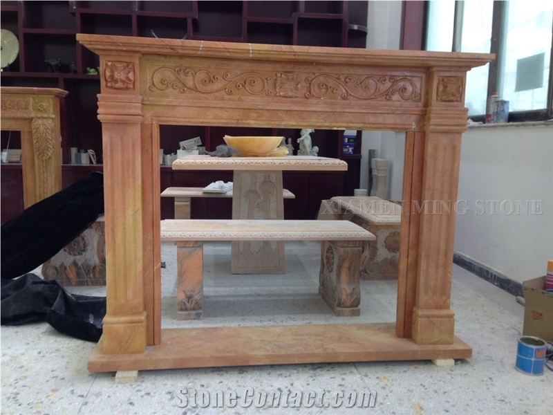 Sunny Beige Marble Handcarved Flower Sculptured Fireplace Mantel,Fireplace
