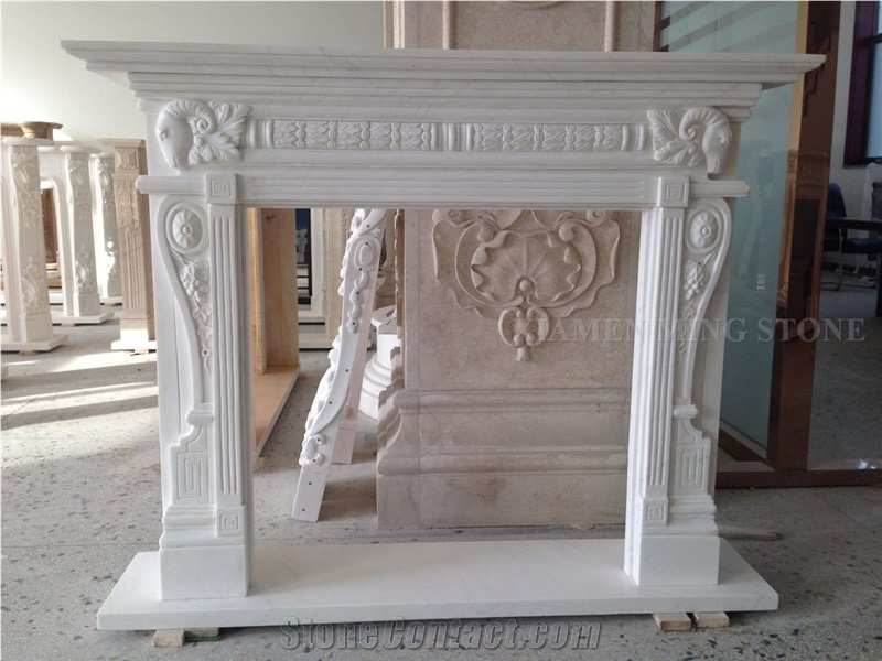 White Marble Sculptured Fireplace Hearth