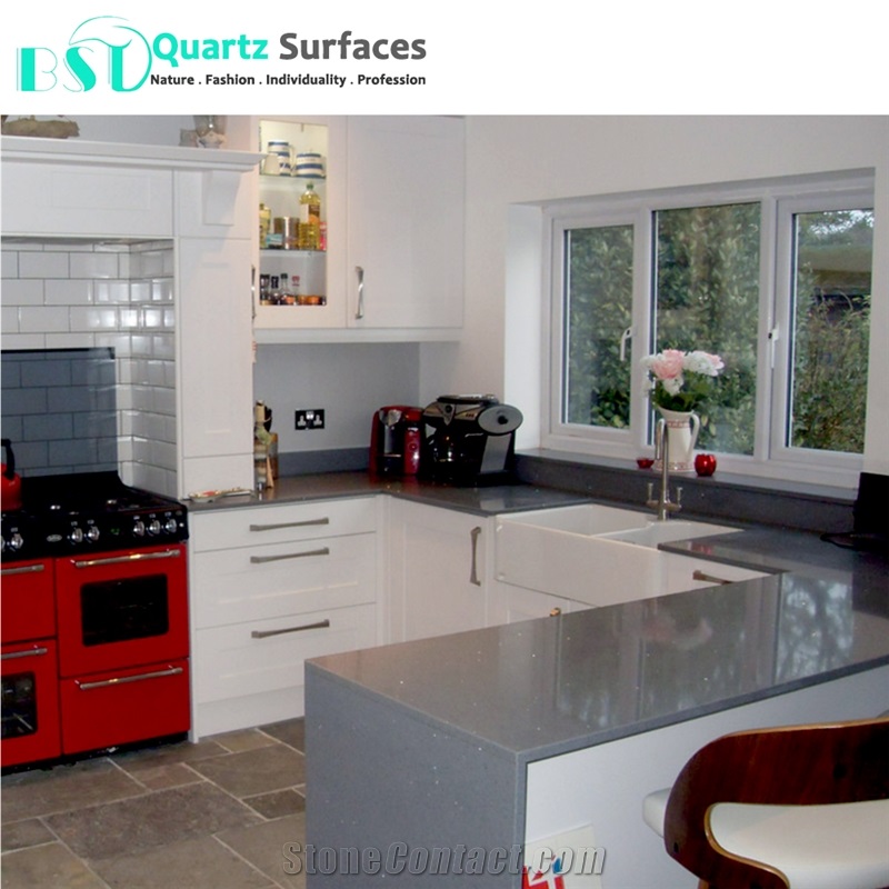Custom Grey Sparkling Quartz Kitchen Top