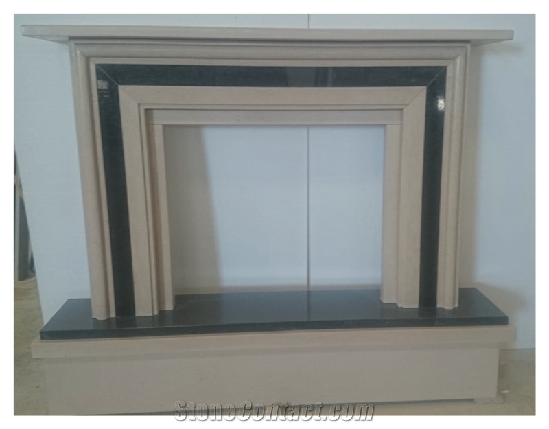 New Design Moleanos Beige Limestone & Black Angola Granite Fireplace