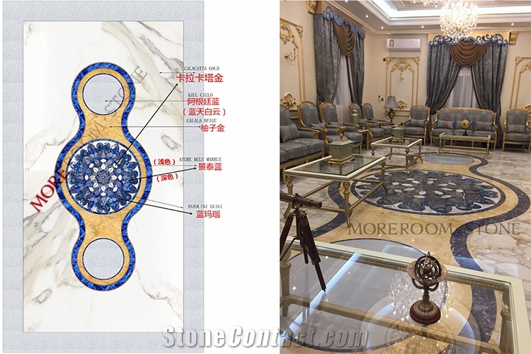 Blue Stone Waterjet Marble Inlay Medallion Floor