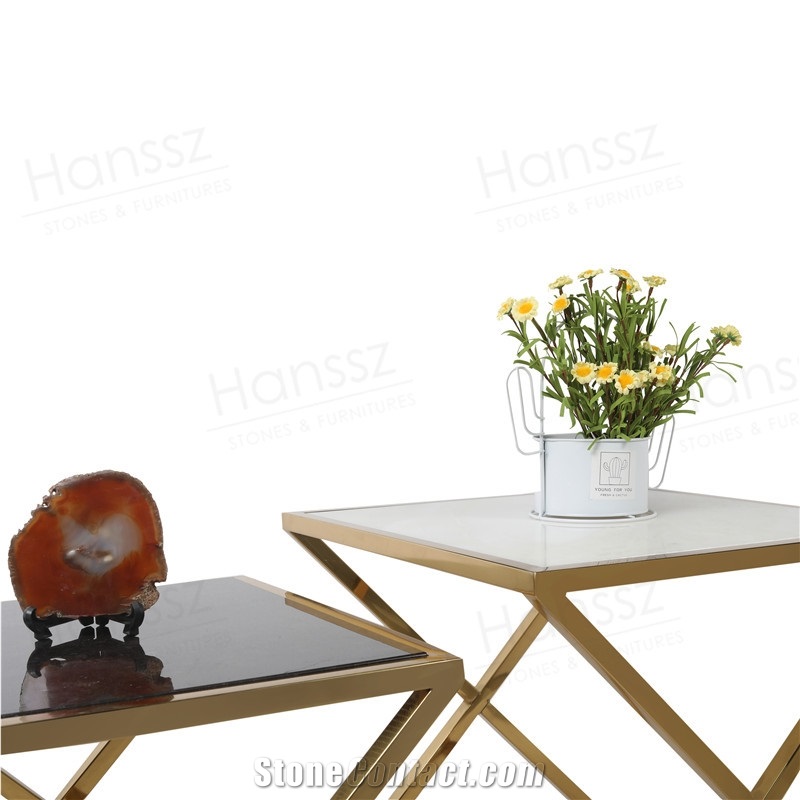 Panda White Marble Coffee Table with Metal Frame