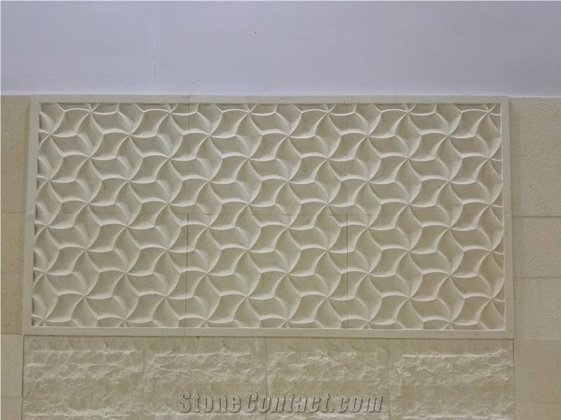 Split Face Fatima Beige Limestone 3d Cnc Carving Wall Panel Tiles,Building Exterior Project