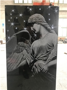 Angel Engraving Etching Black Granite Monument