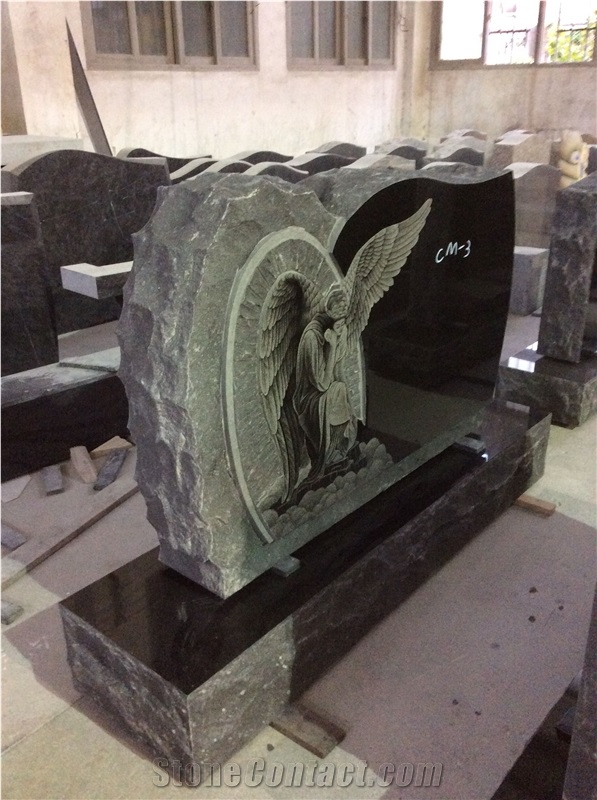 Angel Engraving Etching Black Granite Monument