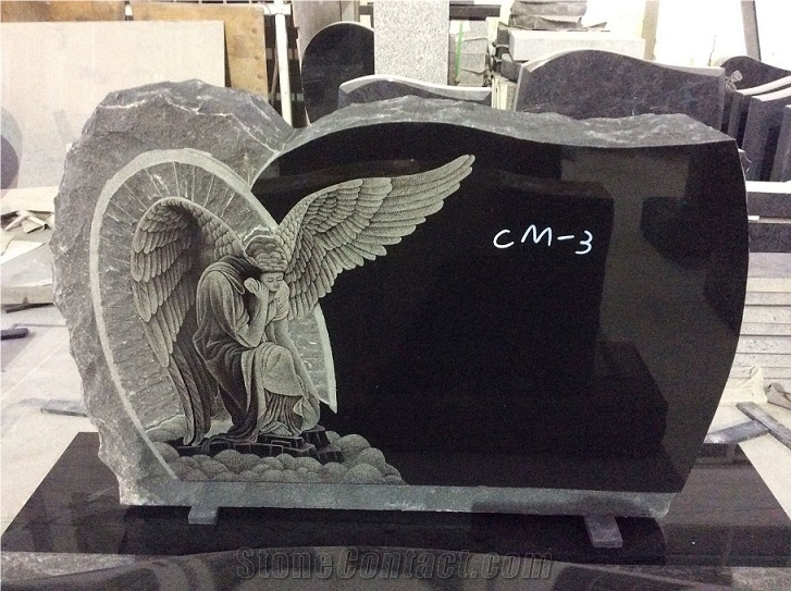 Angel Engraving Etching Black Granite Monument