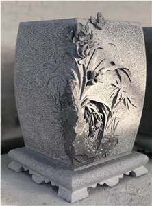 Handcarved Grey Granite Flower Pot with Sculpture Handcarved Grey Granite Flower Pot with Sculpture