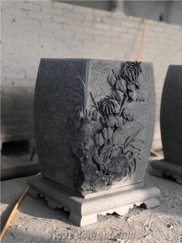 Handcarved Grey Granite Flower Pot with Sculpture