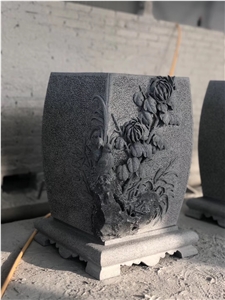 Handcarved Grey Granite Flower Pot with Sculpture