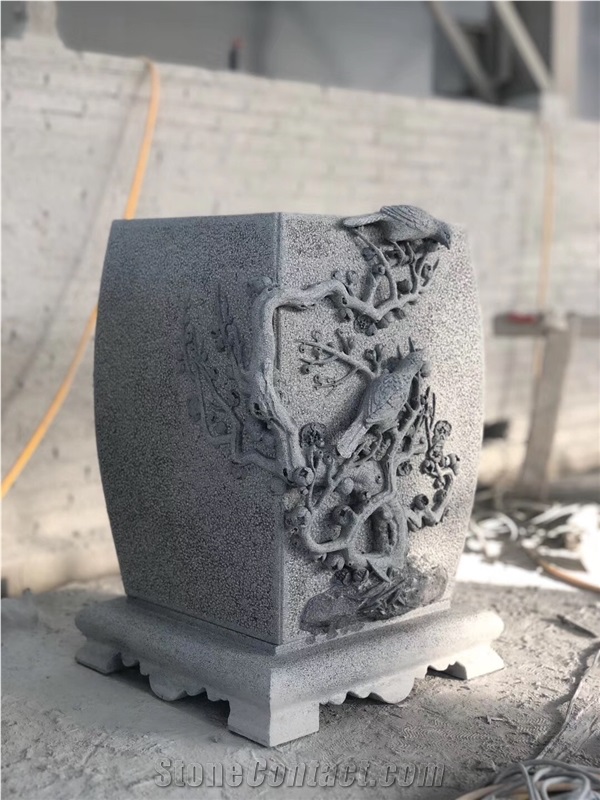 Handcarved Grey Granite Flower Pot with Sculpture