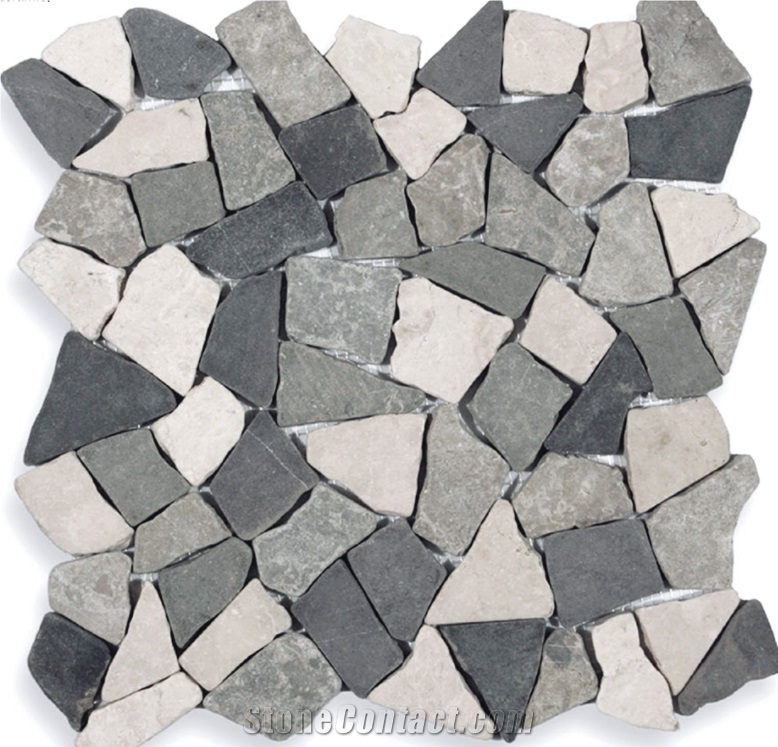 Natural White Dark Cream Marble Tumbled Mosaic