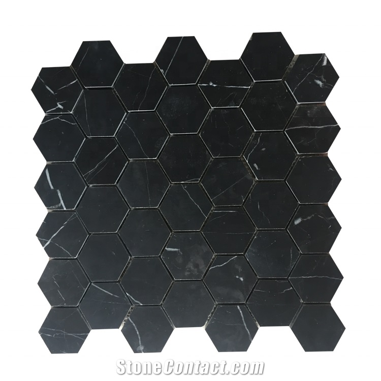 Nero Marquina Black Marble Hexagon Mosaic Pattern