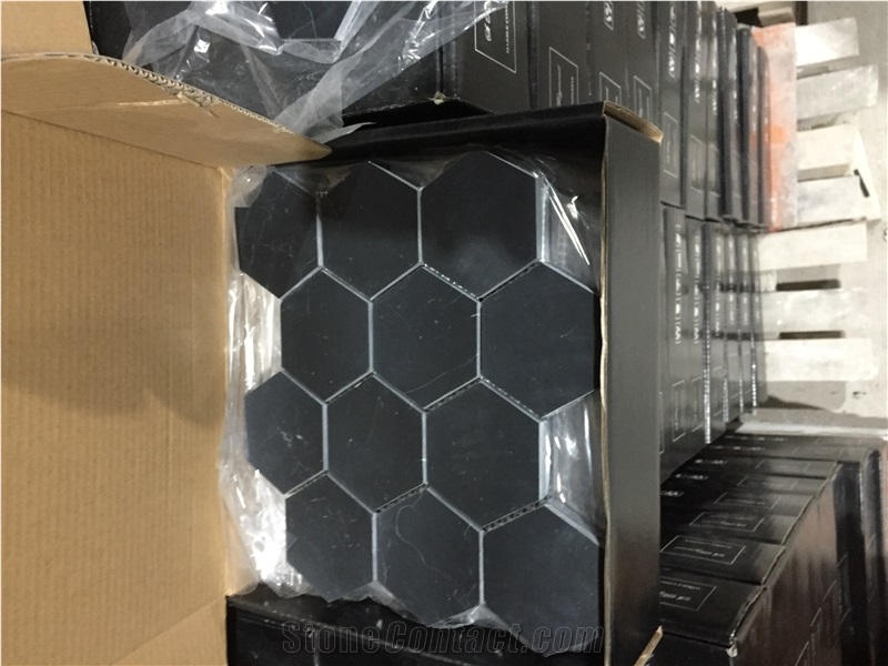 Nero Marquina Black Marble Hexagon Mosaic Pattern
