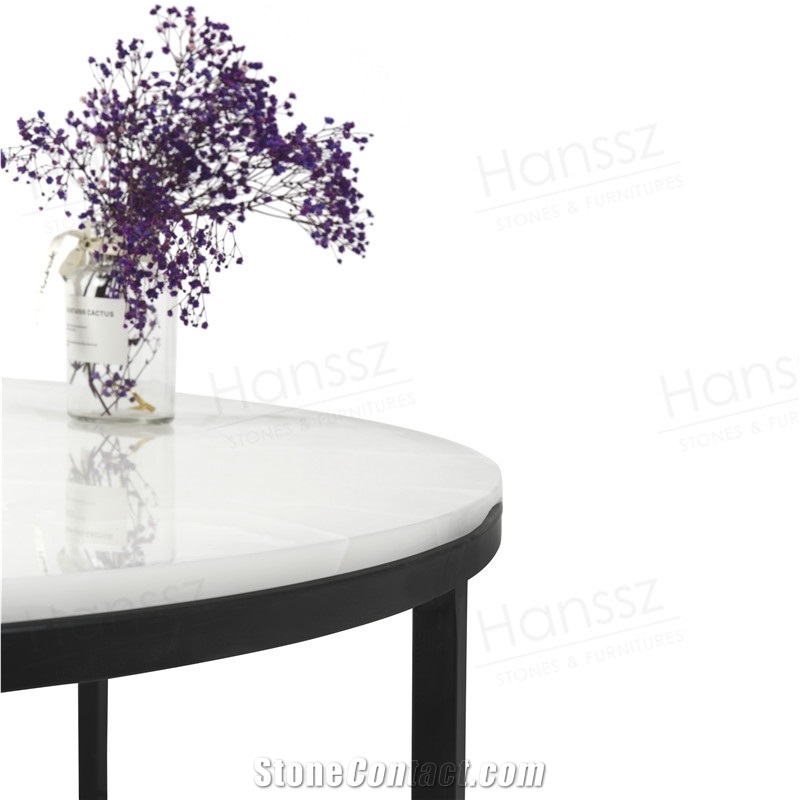Round White Onyx Coffee Table with Black Metal Leg