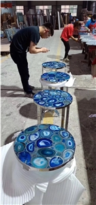 Blue Agate Gemstone Slabs Round Table Tops