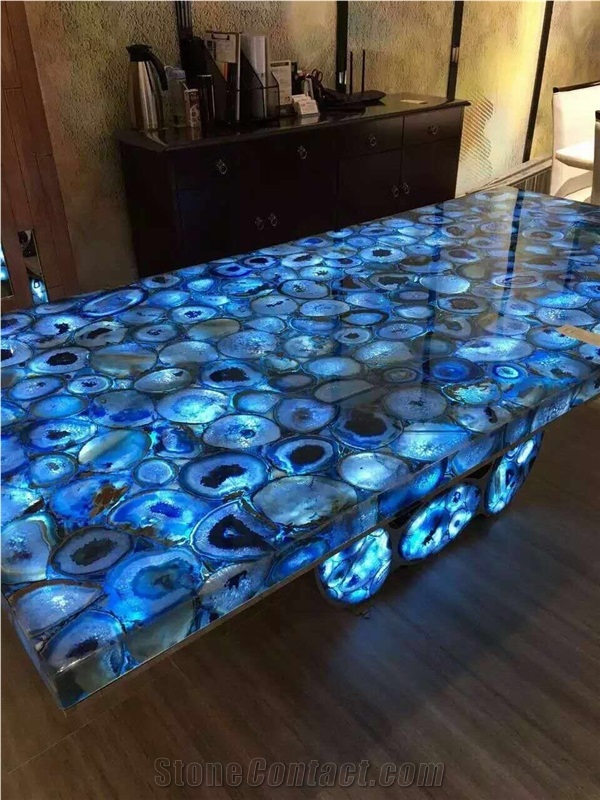 Blue Agate Gemstone Slabs Round Table Tops