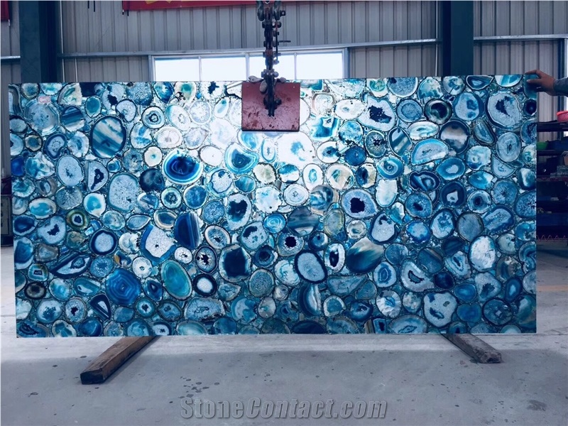 High Polished Backlit Blue Agate Gemstone Slabs