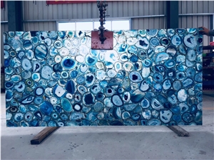 High Polished Backlit Blue Agate Gemstone Slabs